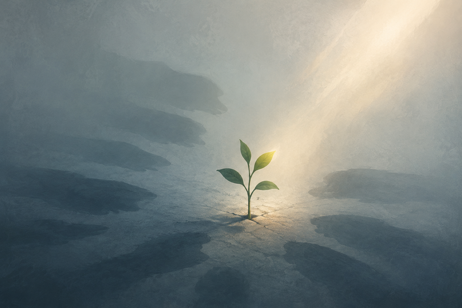 A small green plant grows upright through cracked blue-grey ground, surrounded by dark indistinct shadows while a soft beam of warm light illuminates its newest leaf.