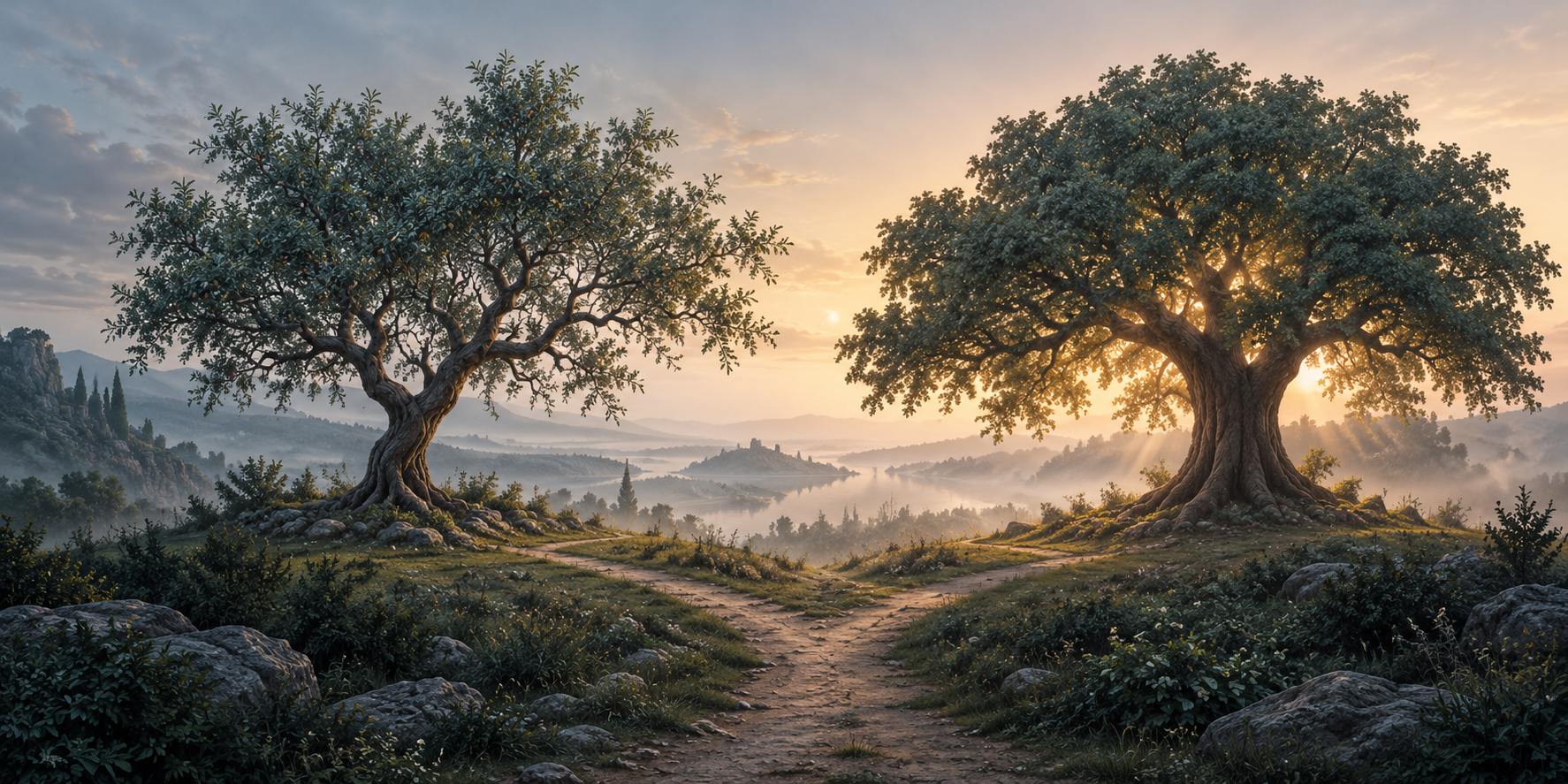 Two ancient trees stand on either side of a forked path at dawn, symbolizing the choice between knowledge and life.