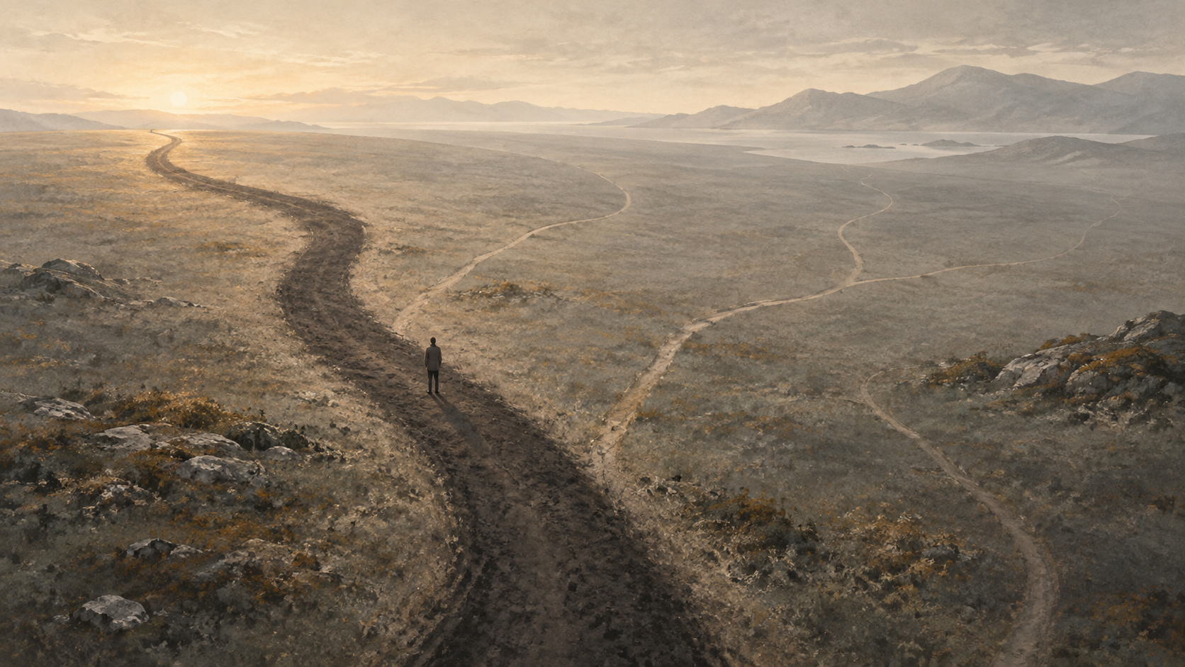 A solitary figure pauses on a dark, well-worn path while several faint alternative routes branch across a vast, muted landscape.